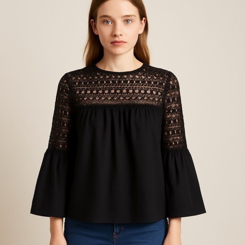Endless Rose Womens Black Lace Bodice Bell Sleeve Boho Babydoll Top NWOT S #1480